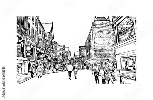 Building view with landmark of Chester is a city in northwest England. Hand drawn sketch illustration in vector. 