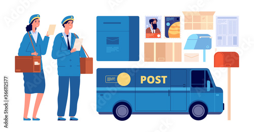 Postman characters. Postal mailman, woman man in uniform send envelopes. Post office equipment parcel letter, delivery service vector set. Illustration postman and postal box mail