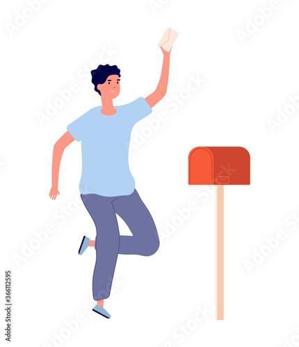 Man got letter. Happy adult, newsletter from work or university or important news. Post service delivery, mail receiving vector illustration. Character with mail, delivery envelope in mailbox