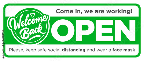 Open sign on the front door come in, we’re work again! Keep social distancing and wear face mask. Vector