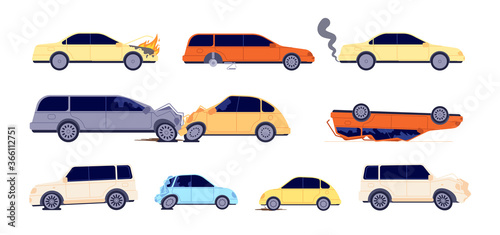 Road accident. Car crash, street emergency situations. Broken vehicle insurance cases, transport need repair service vector illustration. Emergency crash road, accident street transport