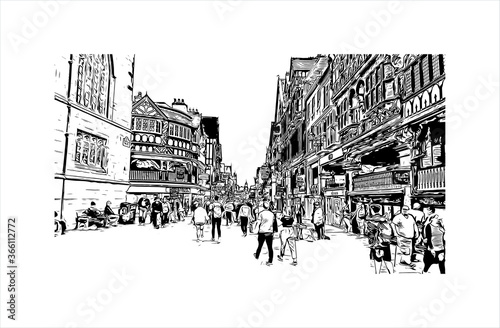 Building view with landmark of Chester is a city in northwest England. Hand drawn sketch illustration in vector. 