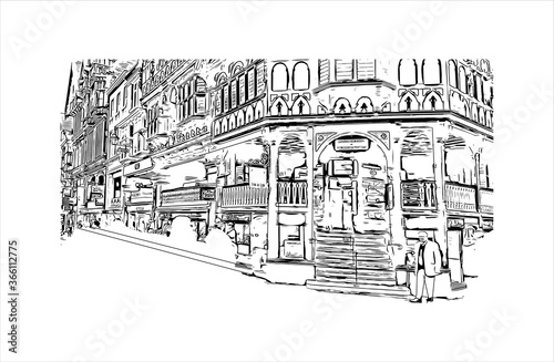 Building view with landmark of Chester is a city in northwest England. Hand drawn sketch illustration in vector. 