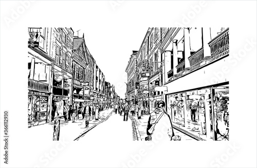 Building view with landmark of Chester is a city in northwest England. Hand drawn sketch illustration in vector. 