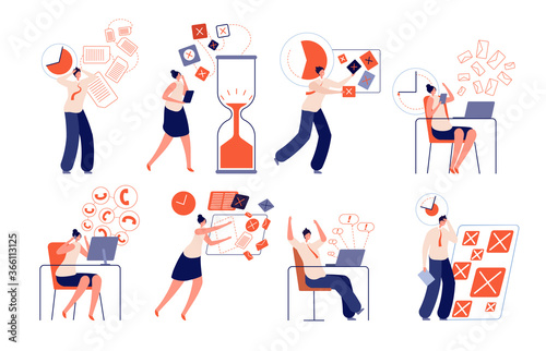 Work deadline. Fail corporate planning, working stress businessman. Inefficient office time management, pressure or workers panic vector set. Deadline problem, fail work plan, schedule illustration