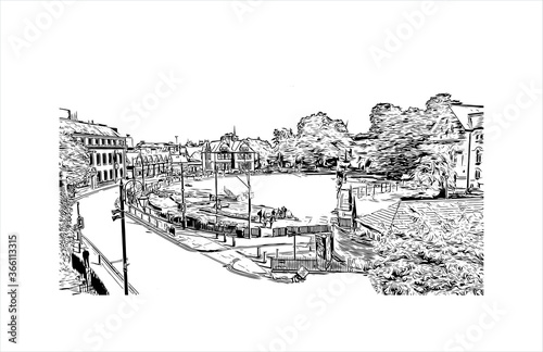 Building view with landmark of Chester is a city in northwest England. Hand drawn sketch illustration in vector. 