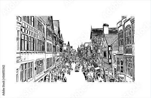 Building view with landmark of Chester is a city in northwest England. Hand drawn sketch illustration in vector. 