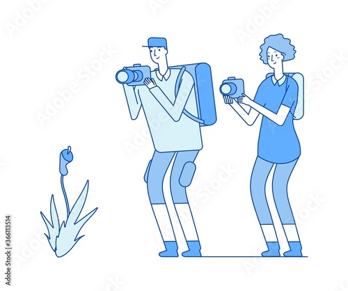 Botanists. Man woman taking flower picture. Scientists, nature researchers, biologists or backpackers vector illustration. Photographer nature, research flower and photo