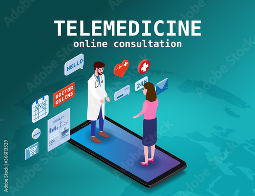 Telemedicine smartphone concept characters doctor and patient consultation diagnosis by internet