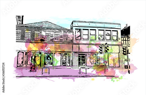 Building view with landmark of Chester is a city in northwest England. Watercolor splash with Hand drawn sketch illustration in vector. 