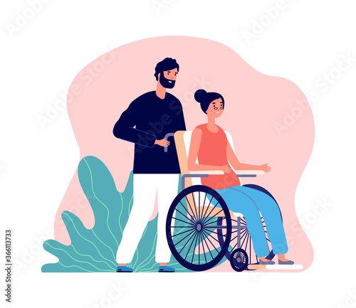 Man helping. Old woman in wheelchair and young male. Isolated social worker or volunteer with seniors. Grandmother and grandson, family vector illustration. Volunteer boy help woman young