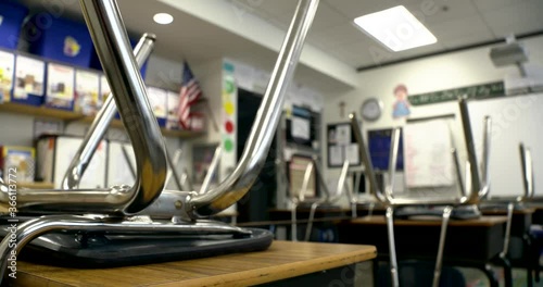 empty classroom with chairs on top of desks
