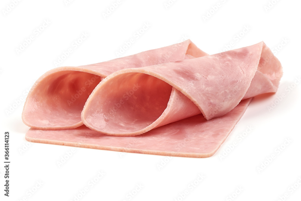 Boiled Ham Slices, close-up, isolated on a white background Boiled Ham Slices, close-up, isolated on a white background