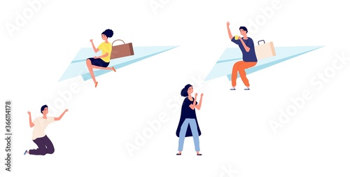 Divorce or separation. Girl guy walk away from partners. Bad relationships, frustrated and happy people. Man flies away on paper airplane vector illustration. Separation and divorce relationship