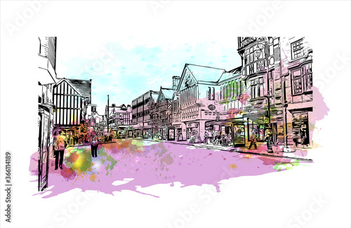 Building view with landmark of Chester is a city in northwest England. Watercolor splash with Hand drawn sketch illustration in vector. 