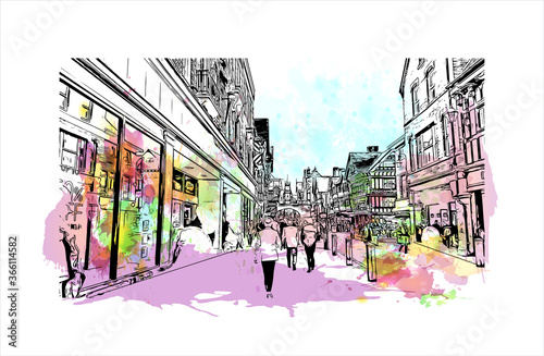 Building view with landmark of Chester is a city in northwest England. Watercolor splash with Hand drawn sketch illustration in vector. 