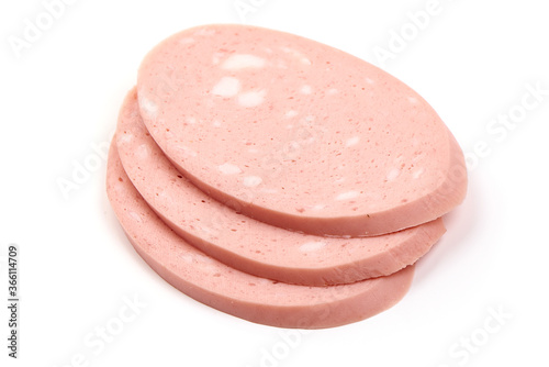 Boiled Bologna Sausage, Sliced Italian mortadella, isolated on a white background