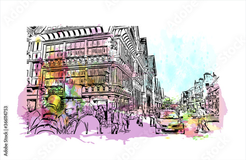 Building view with landmark of Chester is a city in northwest England. Watercolor splash with Hand drawn sketch illustration in vector. 