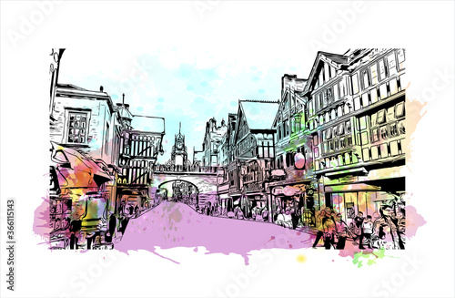 Building view with landmark of Chester is a city in northwest England. Watercolor splash with Hand drawn sketch illustration in vector. 