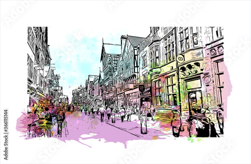 Building view with landmark of Chester is a city in northwest England. Watercolor splash with Hand drawn sketch illustration in vector. 