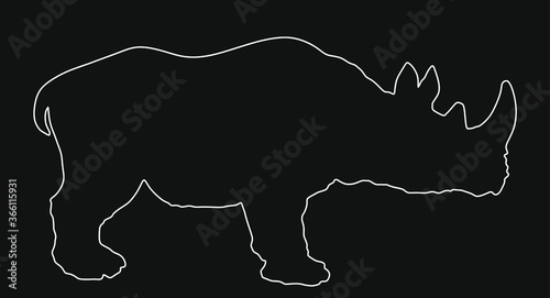 Rhinoceros line contour vector silhouette illustration isolated on black background. Rhino silhouette. Animal from Africa.