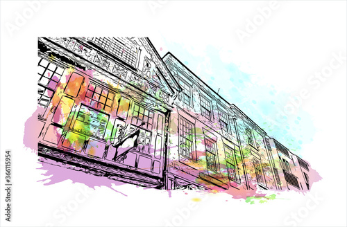 Building view with landmark of Chester is a city in northwest England. Watercolor splash with Hand drawn sketch illustration in vector. 