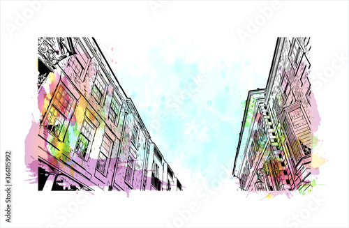 Building view with landmark of Chester is a city in northwest England. Watercolor splash with Hand drawn sketch illustration in vector. 
