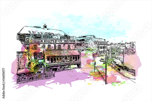 Building view with landmark of Chester is a city in northwest England. Watercolor splash with Hand drawn sketch illustration in vector. 