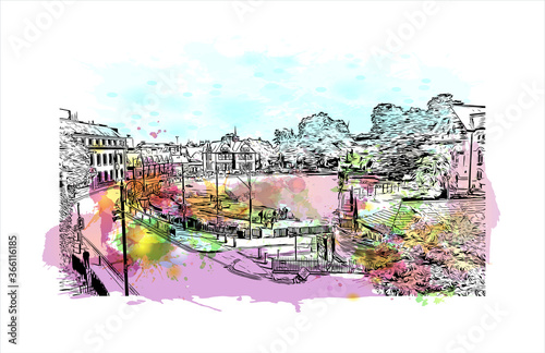 Building view with landmark of Chester is a city in northwest England. Watercolor splash with Hand drawn sketch illustration in vector. 