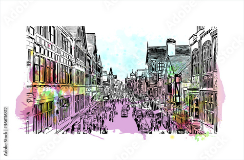 Building view with landmark of Chester is a city in northwest England. Watercolor splash with Hand drawn sketch illustration in vector. 