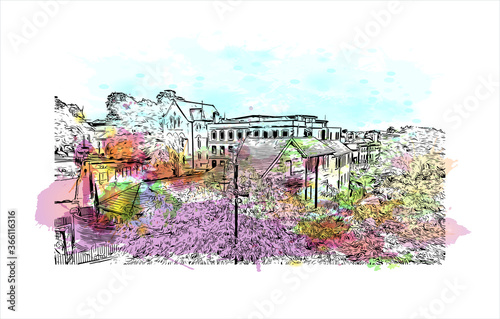 Building view with landmark of Chester is a city in northwest England. Watercolor splash with Hand drawn sketch illustration in vector. 