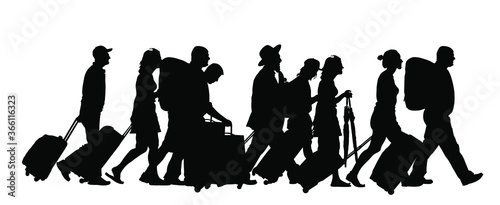 Passengers with luggage walking at airport vector silhouette. Travelers with bags go home. Man and woman carry baggage. People crowd with heavy cargo load waiting taxi after holiday
Refugees on border