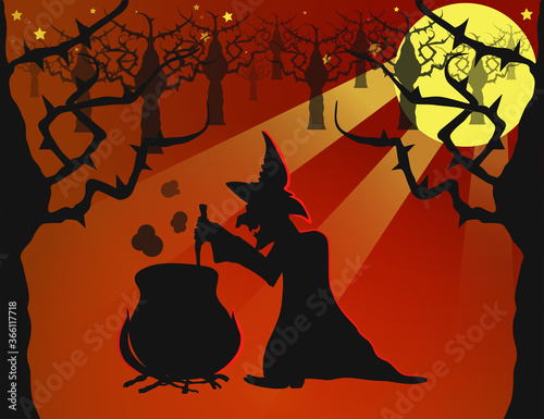 Canvas Print Ugly Witch Making a Potion at the Full Moon Night