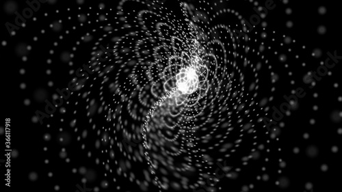Composition of white dots, circles and curved lines on a black background. Futuristic space look. 3D rendering.