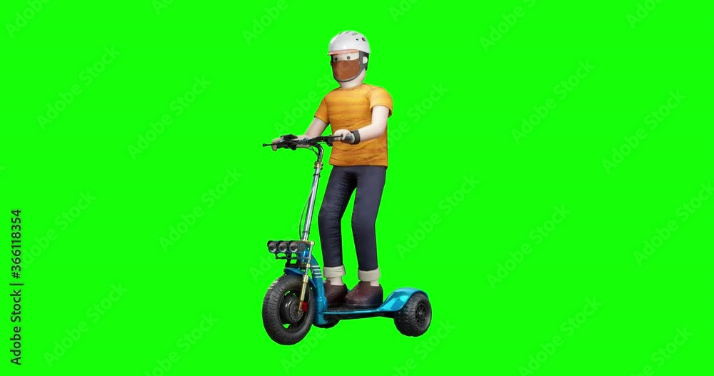 The handsome man wearing the protection helmet riding the tri-wheel electric scooter, 3d rendering motion graphic looping of urban alternative ecology transport concept on the green screen background. The handsome man wearing the protection helmet riding the tri-wheel electric scooter, 3d rendering motion graphic looping of urban alternative ecology transport concept on the green screen background.