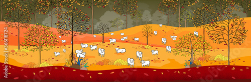 Vector illustrationn of panorama autumn landscape in english countryside with forest trees and leaves falling,Panoraic of farm field with family of lambs on hills in fall season with orange foliage. photo