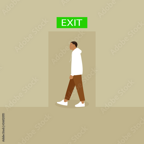 A man goes out the door with the words "Exit"