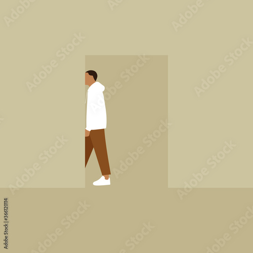 A man goes out the doorway