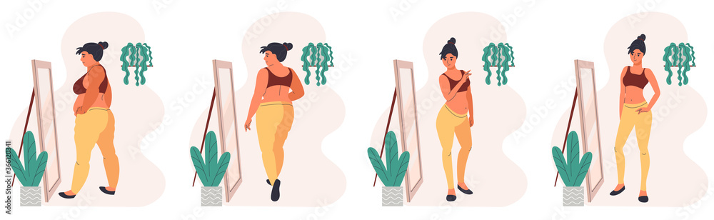 Weight loss concept. The woman who looks in the mirror. Vector cartoon illustration of a fat and slim woman figure.
