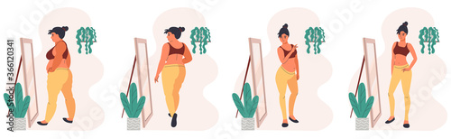 Weight loss concept. The woman who looks in the mirror. Vector cartoon illustration of a fat and slim woman figure.