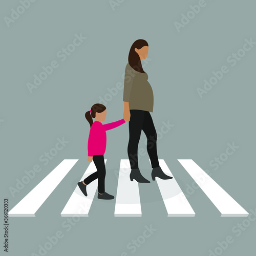 Pregnant female character with a little girl at the crosswalk