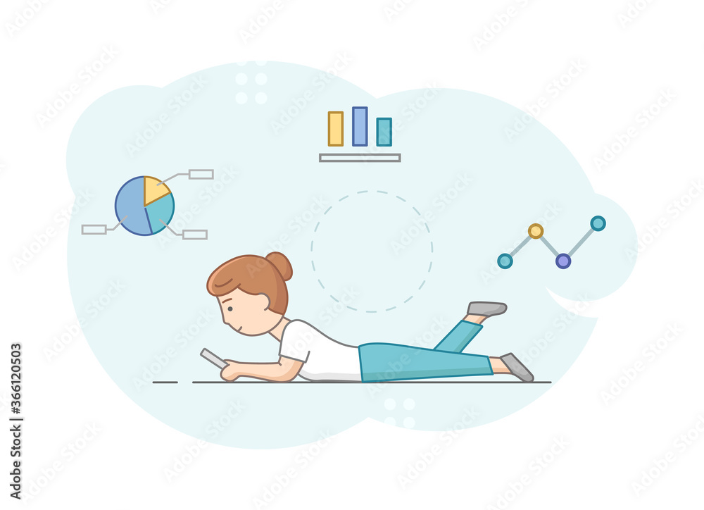 Obraz premium Brainstorming, Innovation And Teamwork Concept. Pretty Businesswoman At Workplace. Young Attractive Woman Analyses Statistics And Charts Using Tablet. Cartoon Linear Outline Flat Vector Illustration