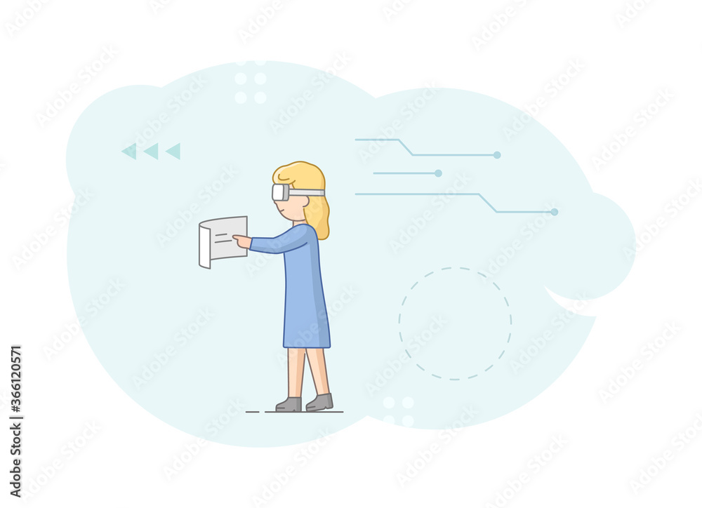 Virtual Reality Playing Games And Work. Woman In Goggles Plays Typing On Screen. Girl Imagines Herself By Stock Analyst And Study Charts And Graphs. Cartoon Linear Outline Flat Vector Illustration Virtual Reality Playing Games And Work. Woman In Goggles Plays Typing On Screen. Girl Imagines Herself By Stock Analyst And Study Charts And Graphs. Cartoon Linear Outline Flat Vector Illustration