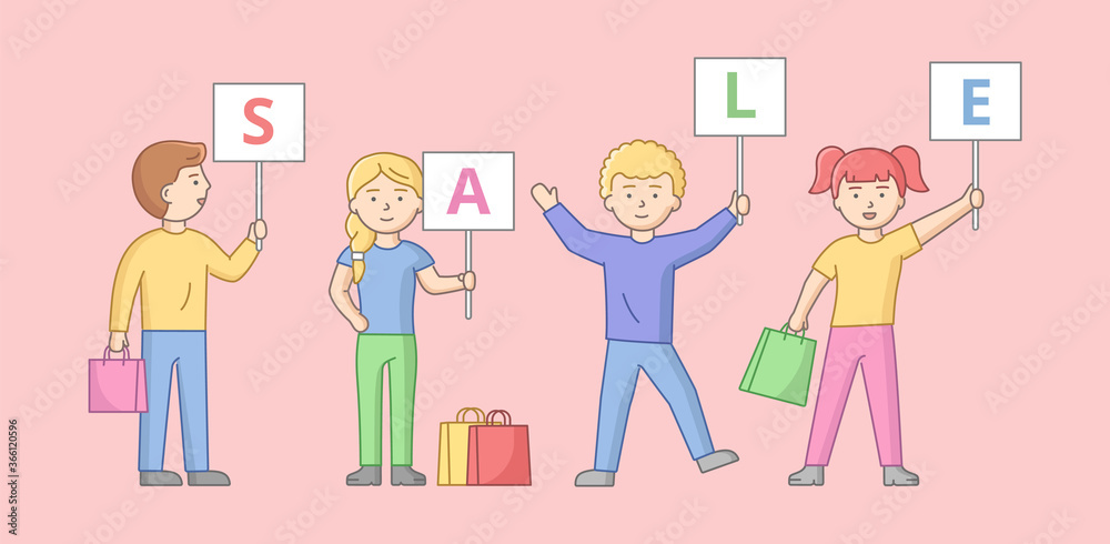 Big Sale Concept. Men And Women Shopping On Sale. Satisfied Characters Are Standing With Shopping Bags And Gifts Holding Plates With Sale Inscription. Cartoon Linear Outline Flat Vector Illustration