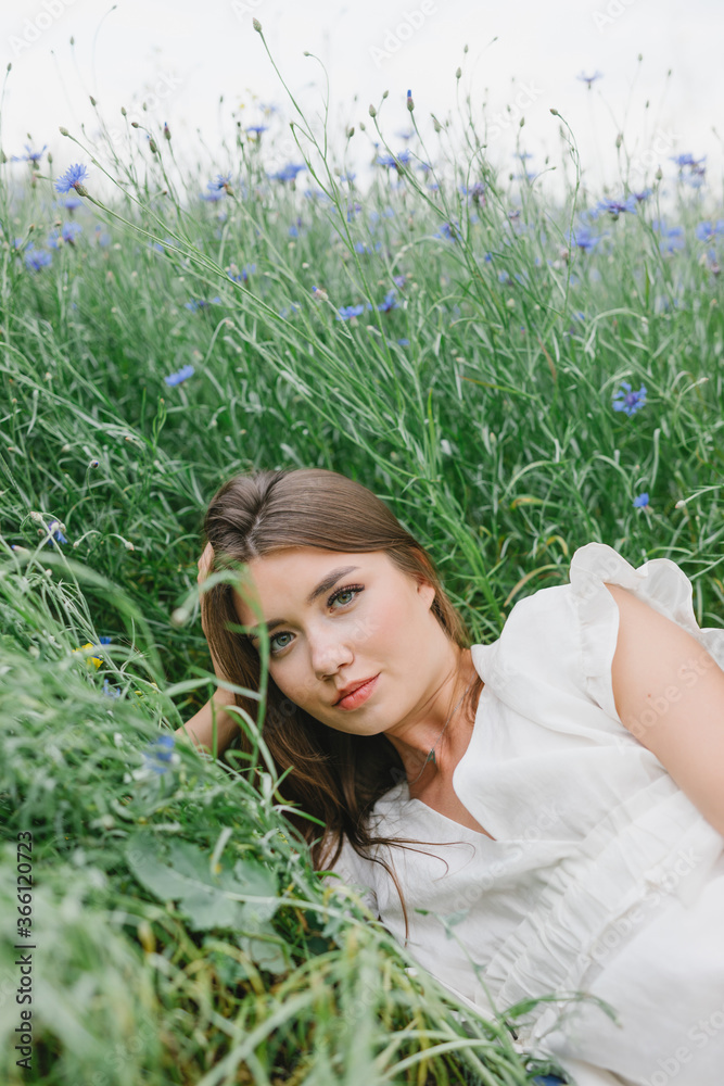 The girl in the cornflower-blue field. Beautiful woman and cornflowers in the field. Belarusian. The girl in the cornflower-blue field. Beautiful woman and cornflowers in the field. Belarusian.