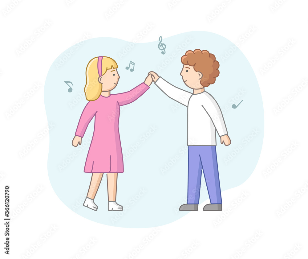 Dance Party Concept. Man And Woman Dancing Together. Satisfied Couple Looking On Each Other. Characters Enjoying Dance Party With Notes Infographic. Cartoon Linear Outline Flat Vector Illustration