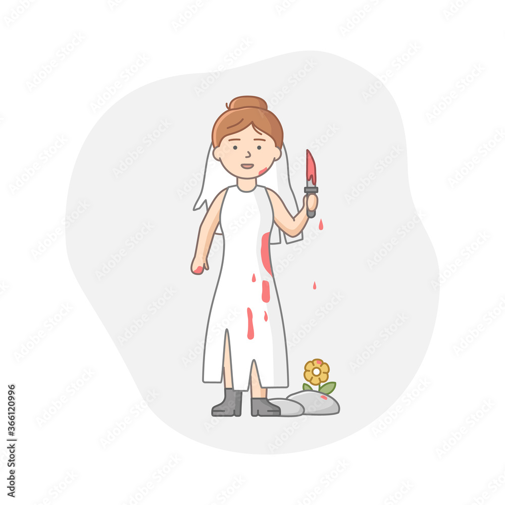 Halloween Party Celebration Concept. Woman Disguised To Evil Character, Witch Or Vampire On Carnival. Girl Celebrates Holiday In Bloodied Bride Suit. Cartoon Linear Outline Flat Vector Illustration Halloween Party Celebration Concept. Woman Disguised To Evil Character, Witch Or Vampire On Carnival. Girl Celebrates Holiday In Bloodied Bride Suit. Cartoon Linear Outline Flat Vector Illustration