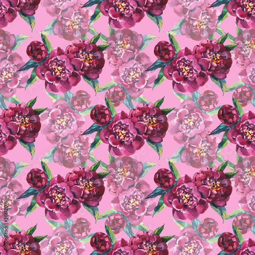 Seamless background, floral pattern with watercolor flowers pink peonies and burgundy roses. Repeating fabric wallpaper print texture. Perfectly for wrapped paper, backdrop, frame or border