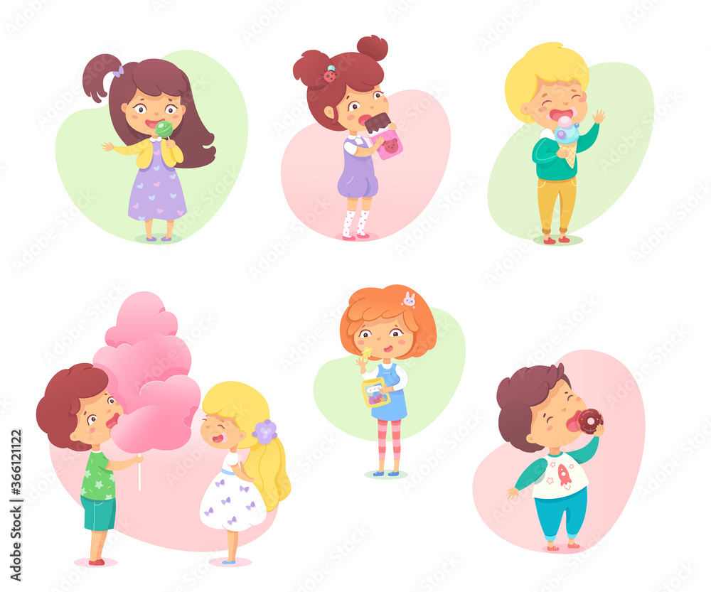 Cute happy little children enjoy eating sweets set Cute happy little children enjoy eating sweets set