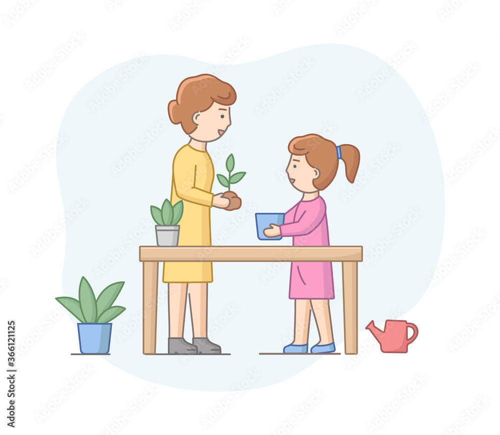 Motherhood Concept. Mother Spending Time With Daughter, Planting Plants, Enjoying Spending Time Together. Mother Teach Daughter To Take Care Of Plants. Cartoon Linear Outline Flat Vector Illustration